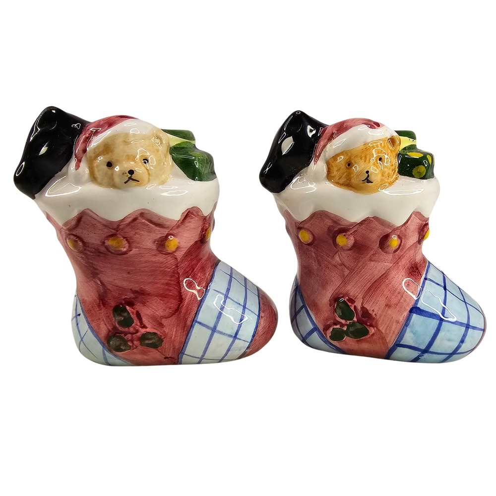 Adorable Ceramic Christmas Stocking Salt Pepper Shakers Teddy Bear Gifts